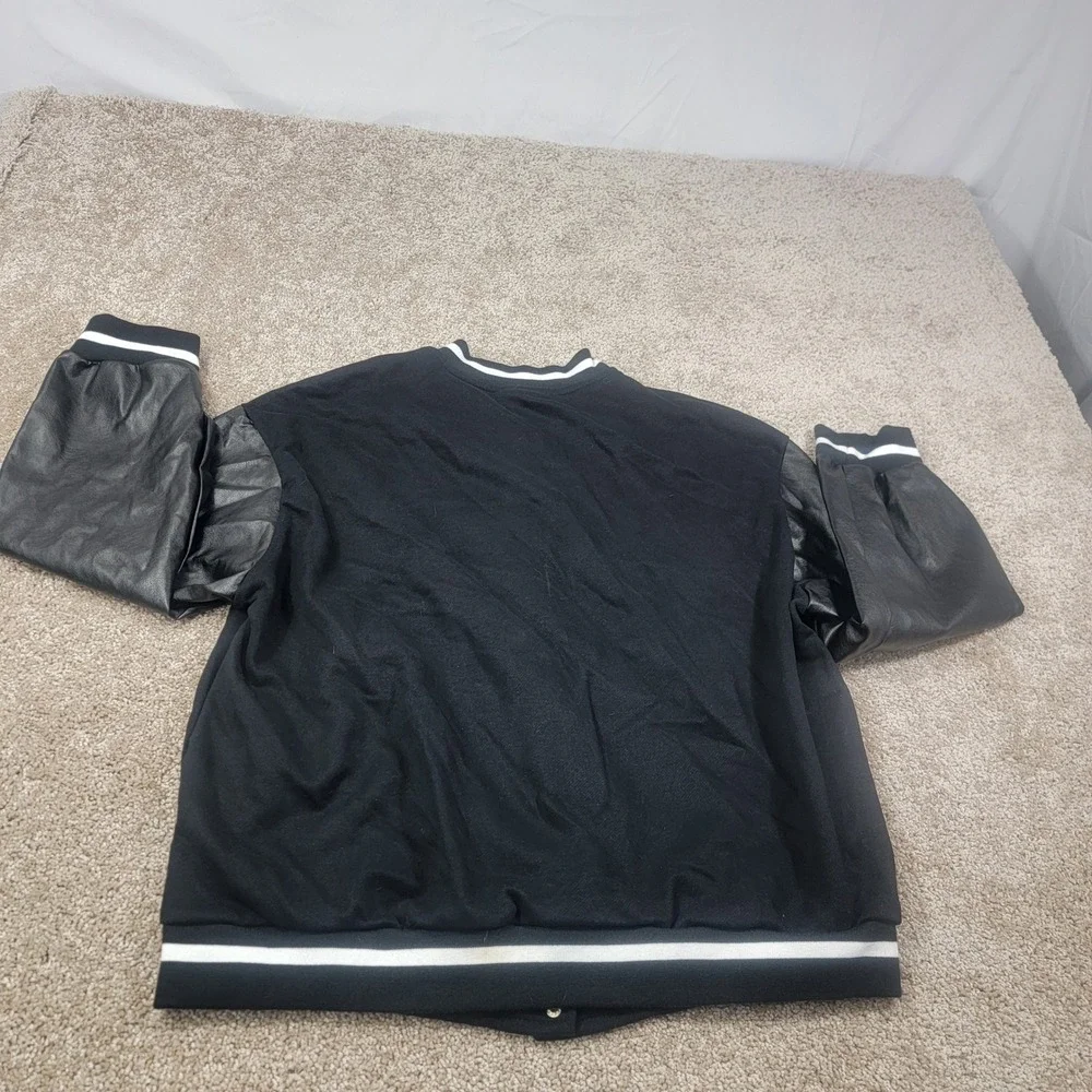 SHEIN Baseball Jacket‎ Varsity Style Graphic Print Black Faux Leather L